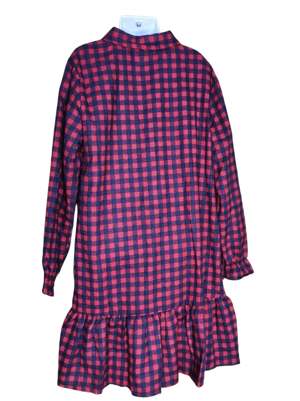 #250 Hayden Red and Navy Blue Plaid Ruffle-Hem Shirt Dress